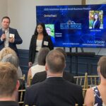 Matthew Cuppelli of Blue Ridge Surgical Innovations and OrthoTract addresses attendees at Meet the Finalists as his colleague Jackie Hanna looks on.
